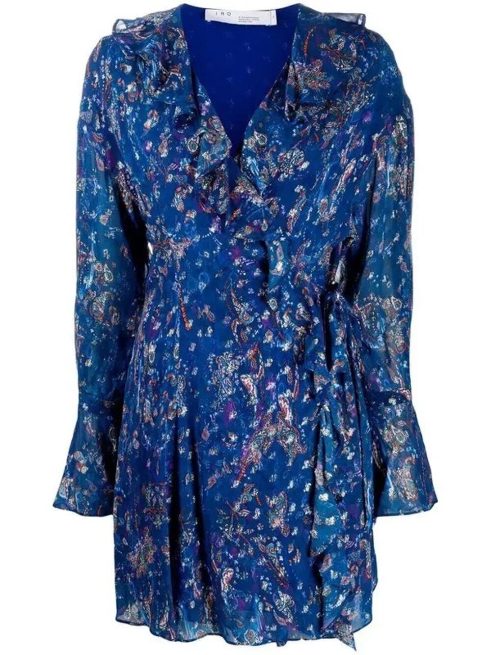 IRO Paris Sibuco Paisley Print Ruffle Wrap Mini Dress Blue Size 34 US 2 Boho